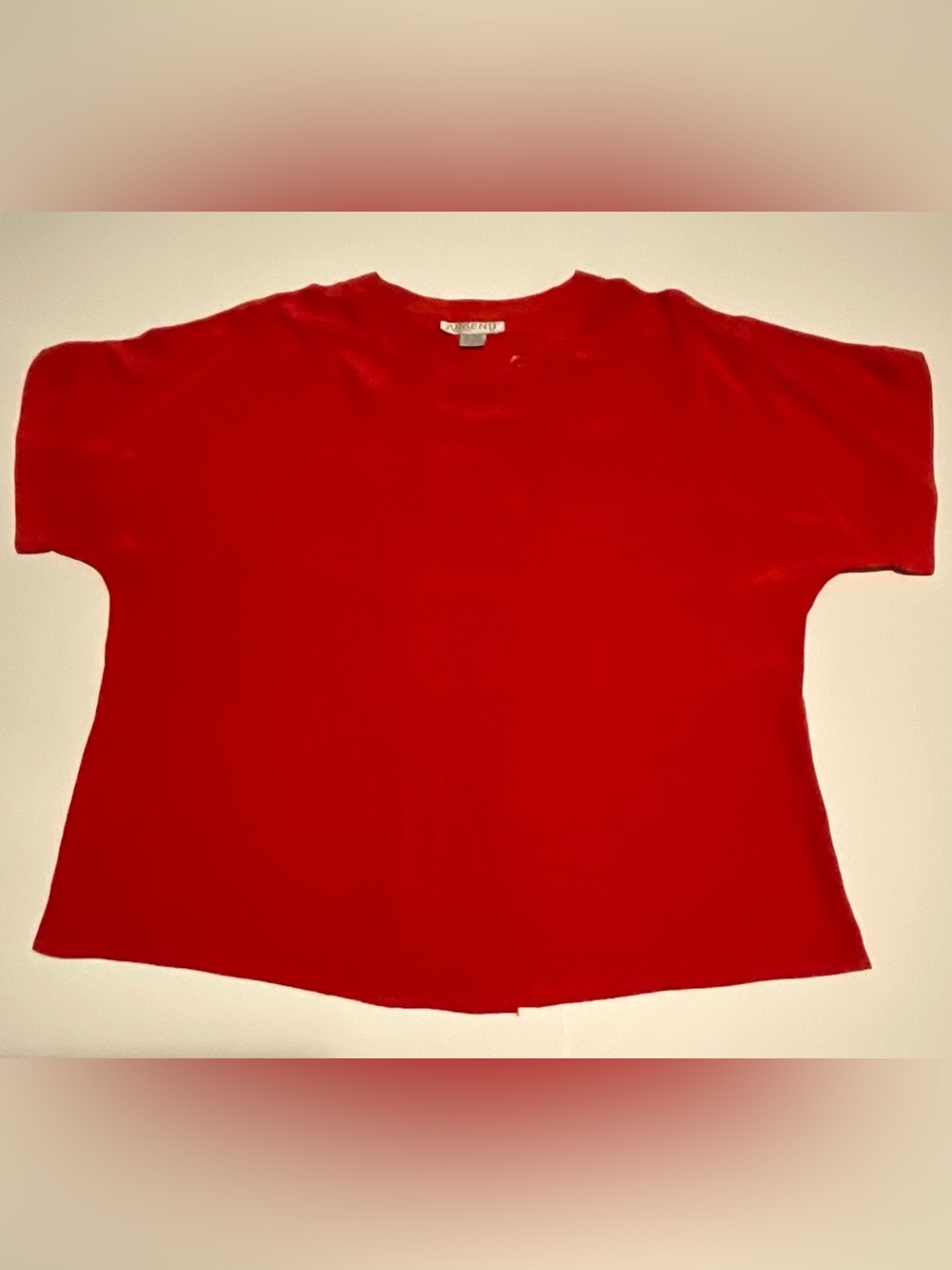 ARGENTI Women's 14 Red Solid Silk Woven Round Neck Short Sleeve Button Blouse